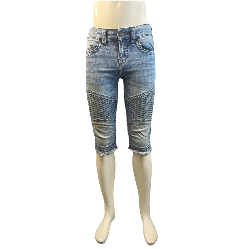 True Religion Geno Moto Shorts Men's 27 Blue Denim Chevron Stitch Raw Hem Biker